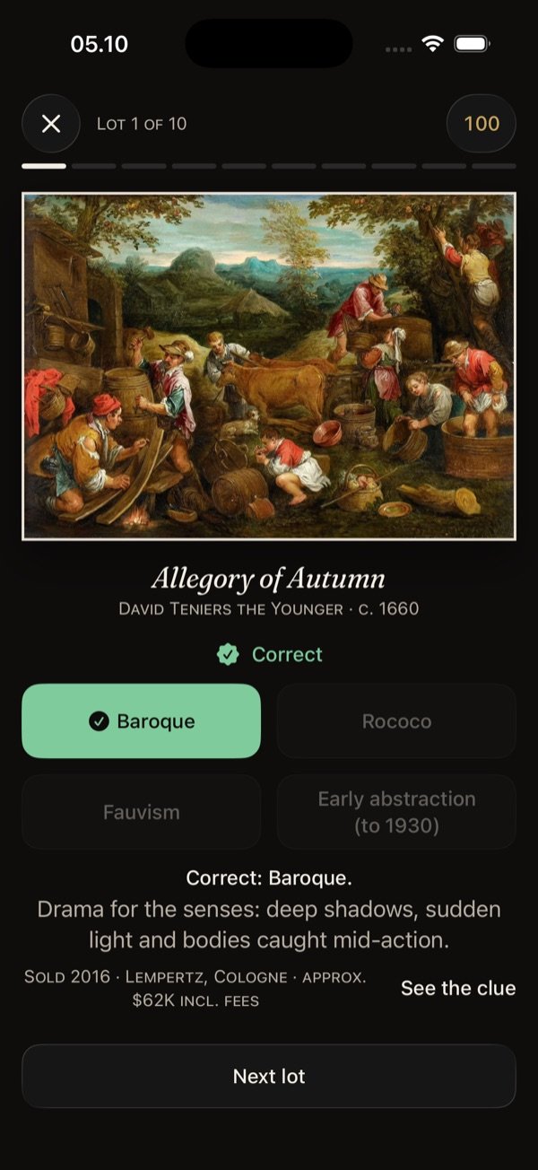 Category quiz reveal: a Teniers harvest scene, the answer Baroque highlighted, and a one-line explanation of the style.